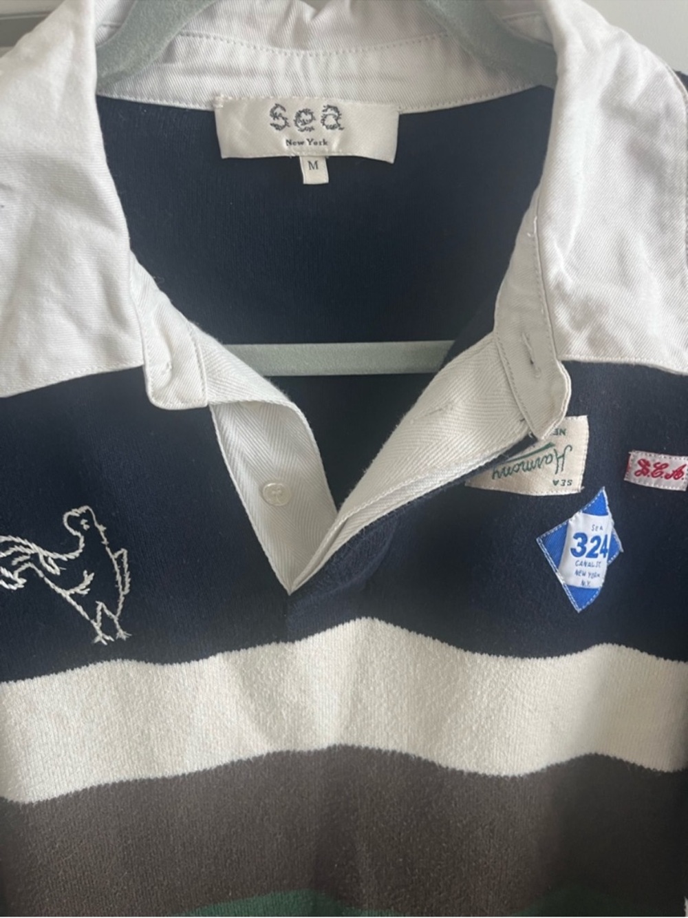 Sea New York Navy, White, Brown & Green Striped Rugby Sweatshirt - Picture 7 of 16